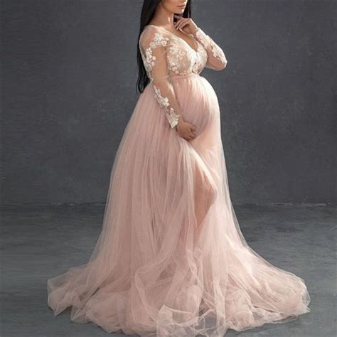 Maternity Elegant V Neck Stitching Mesh Photoshoot Gown Pink Dress Elegant Maternity Dresses