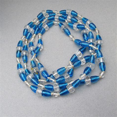 1920s Vintage Blue Glass And Crystal Art Deco Bead 56 Long Flapper