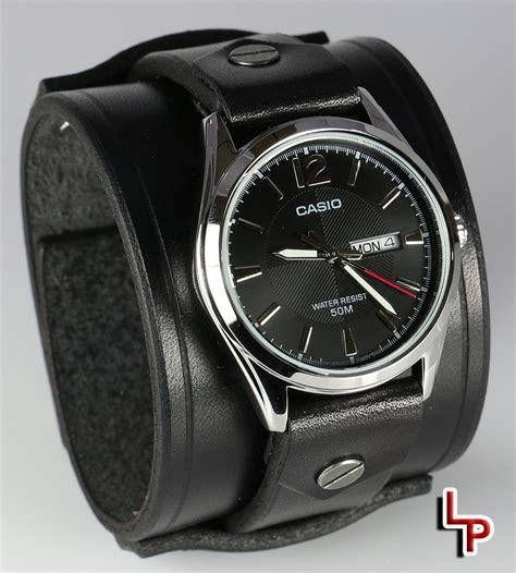 2 Inch Wide Watch Cuff, Black Leather, Casio 1335 | Leatherpunk