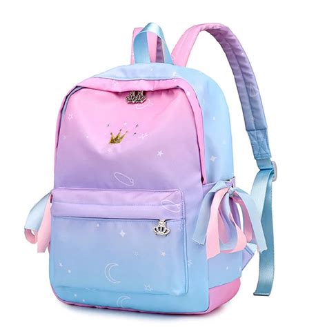 Pink Gradient Color Printing Backpack Women Ribbons Bookbag Cute Crown Embroidery School Bag For