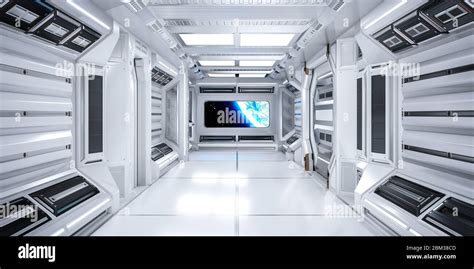 Futuristic Architecture Sci Fi Corridor Interior In Space Station With
