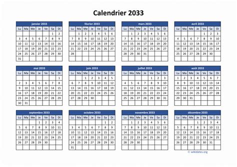 Calendrier 2033 à Imprimer