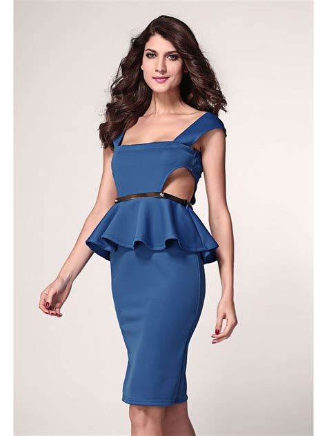 Cut Out Side Belted Peplum Dress Blue E6164 1