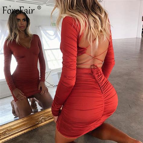 Forefair Backless Sexy Bandage Bodycon Dress Party Autumn Wrinkles Long