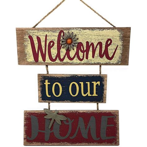 Welcome To Our Home Wood And Metal Multicolor Hanging Decor Sign