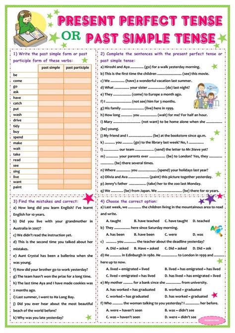 Present Perfect Tense Or Past Simple Tense Worksheet For Grade 1 And 2