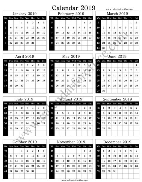 2019 Year Calendar With Week Numbers Printable Calendar Pages Custom