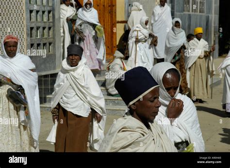 Ethiopian Orthodox Christians Dressed In White Capes In Front Of The