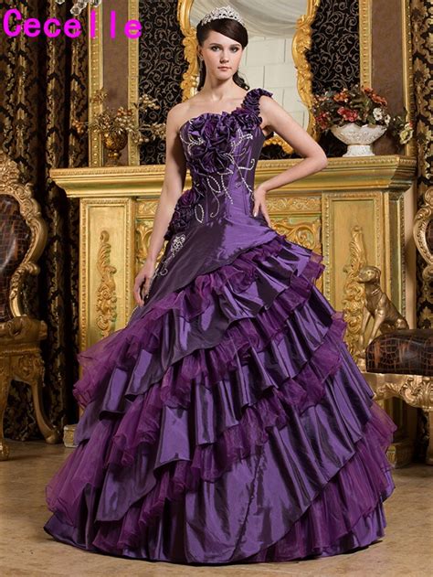 Purple Ball Gown Quinceanera Dresses 2017 One Shoulder Vintage Tiered