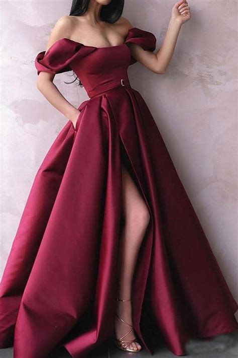 a line off the shoulder burgundy satin prom dresses with pockets high split pw801 prom dresses