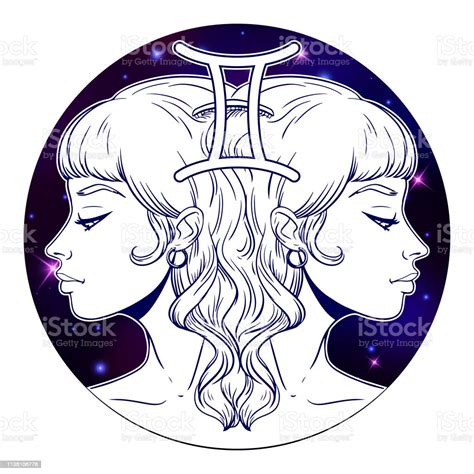 Gemini Zodiac Sign Artwork Beautiful Girl Face Horoscope Symbol Star