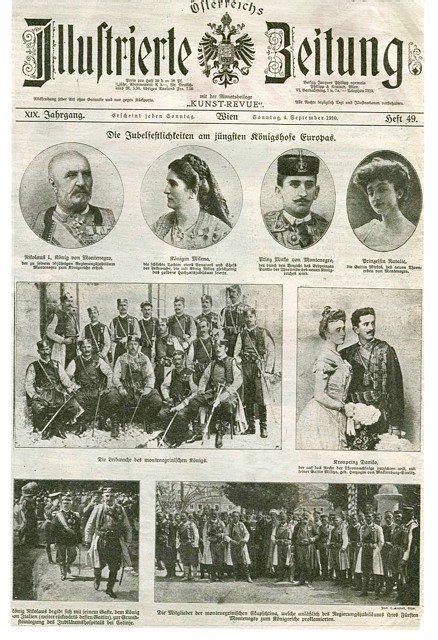 Montenegro history.Насловна страна Бечких новина из 1910 год.где су приказане знамените личности ...