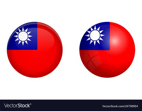 National flag consisting of a red field (background) with a blue canton incorporating a white sun. Taiwan flag under 3d dome button and on glossy Vector Image