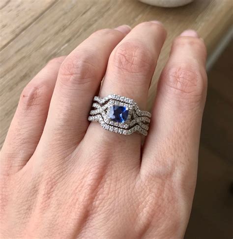 Deco Halo Sapphire Engagement Ring Set Square Blue Sapphire Engagement