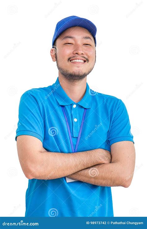 Portrait Of Happy Delivery Man Successful Expression Stock Photo