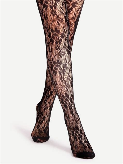 Black Floral Pattern Jacquard Pantyhose Stockings Sheinsheinside Floral Tights Sheer Tights