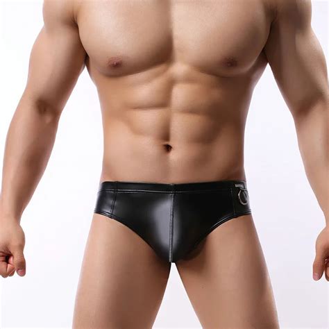 Sexy Men Underwear Black Faux Leather Boxers Shorts Man Low Waist U Convex Pouch Underpants