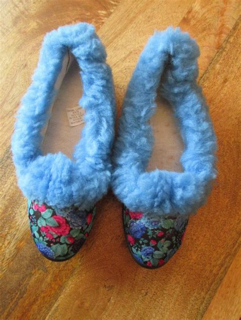 Vintage Full Fur Cuff Floral Slippers Size 6 1970s Used Slipper