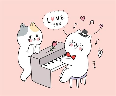 Gato Tocando El Piano Y Pareja Vector Premium