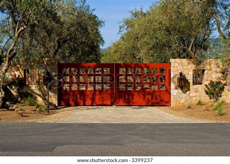 Private Driveway Big Red Gates Sunset Stock Photo Edit Now 3399237