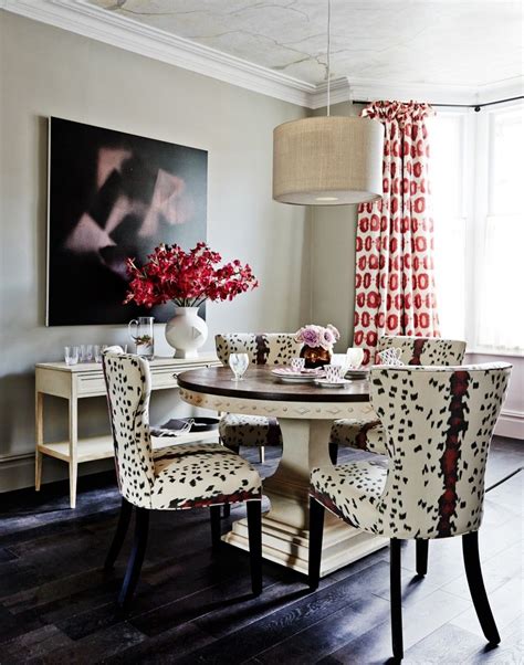 Luxurious purple dining room boasts gray leopard print dining chairs placed on a lilac wool rug at a dark stained dining table. Traditional Dining Room with Tribal Print Accents - The ...