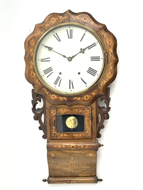 19th Century Drop Dial Wall Clock Shaped Front With Circular Roman Dial Leaf Carved And