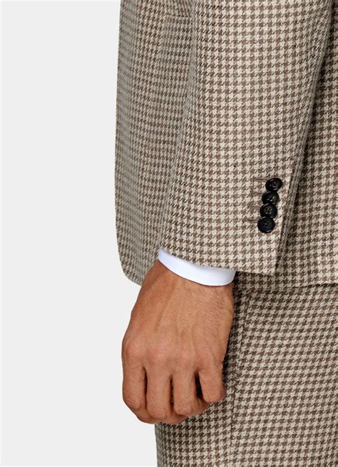 Light Brown Houndstooth Havana Suit Linen Silk Wool Cotton Single