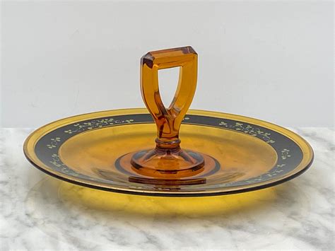 Vintage Amber Glass Serving Tray With Center Handle Hand Etsy Glass Serving Trays Hand
