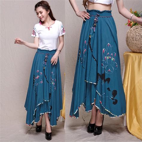 New 2014 Summer And Spring Long Skirts Women National Style Flower Print Cotton Irregular Hem