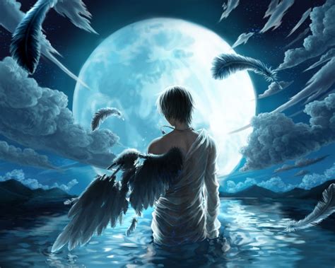 Boy Water Wet Blue Hair Feathers Fallen Male Anime Jewelry Full Moon Cloud Night Sky Kuroko No
