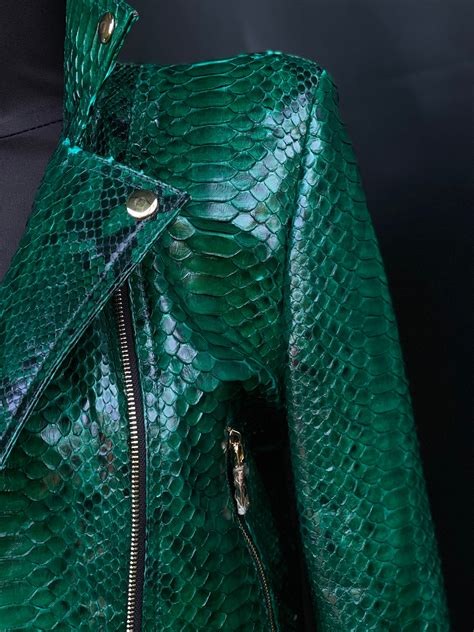 Green Snakeskin Jacket Womens Python Leather Jacket Glossy Etsy