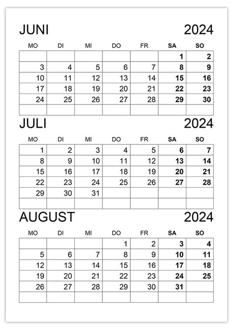 Kalender Juni Juli August 2024 Kalendersu