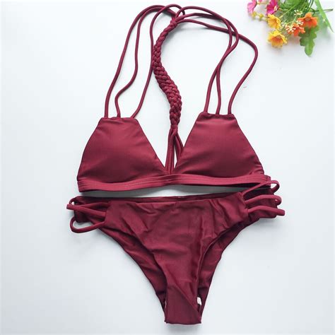 2017 Summer Newest Sexy Bandage Bikini Set Summer Red Solid Swimsuit
