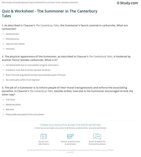 Quiz And Worksheet The Summoner In The Canterbury Tales