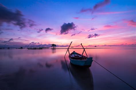 Wallpaper Boat Sunset Sea Reflection Sky Vehicle Sunrise Evening Morning Horizon