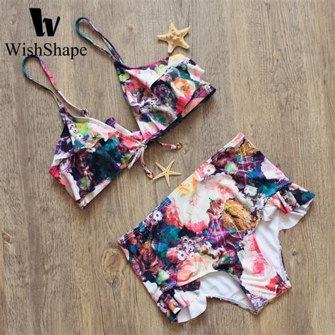 Brazilian Bikini Swimsuit Ruffles 2017 Sexy Swimwear Women Push Up Floral Print High Waist Retro