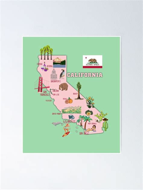 California State Map Us Tourist Attractions Cities Flag Poster For