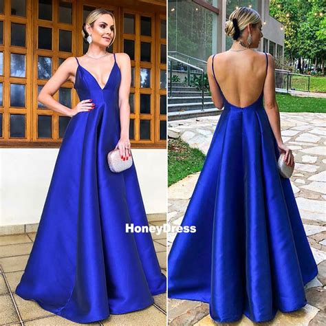 Honey Dress — Royal Blue Spaghetti Strap A Line Satin Prom Dress Blue V Neck Formal Evening