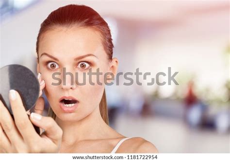 Shocked Young Woman Looking Mirror Stock Photo 1181722954 Shutterstock