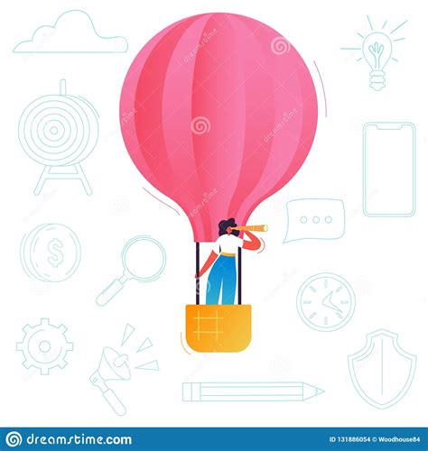 Business Woman Flying On A Hot Air Balloon Female Character With
