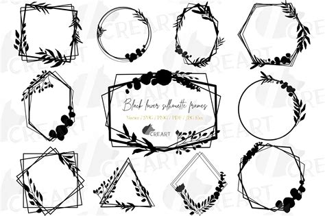 Black Geometric Floral Silhouette Wedding Frames Clip Art 572778