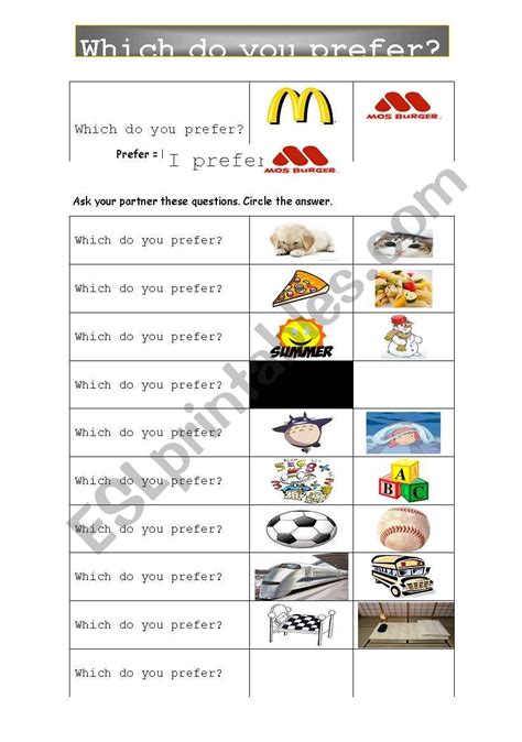 Which Do You Prefer Esl Worksheet By Wally104