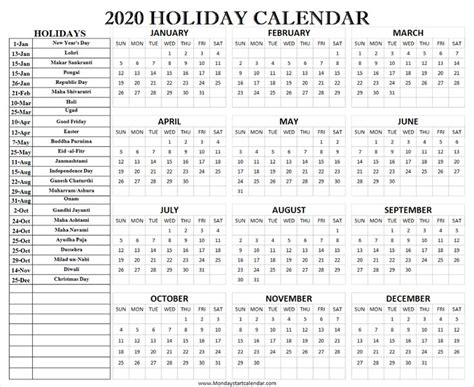 List Of Federal Holidays 2020 Calendar For Print