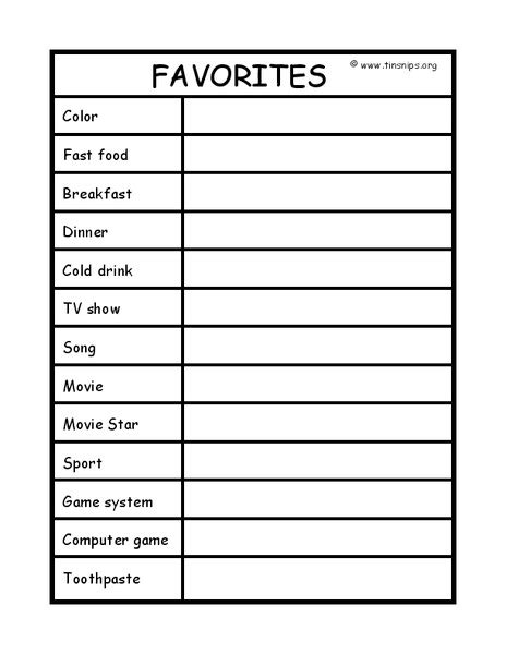 Favorites Worksheet For 1st 2nd Grade Lesson Planet