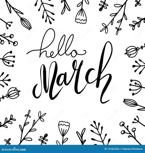 Handwritten Lettering Hello March With Doodle Flowers Square Greeting