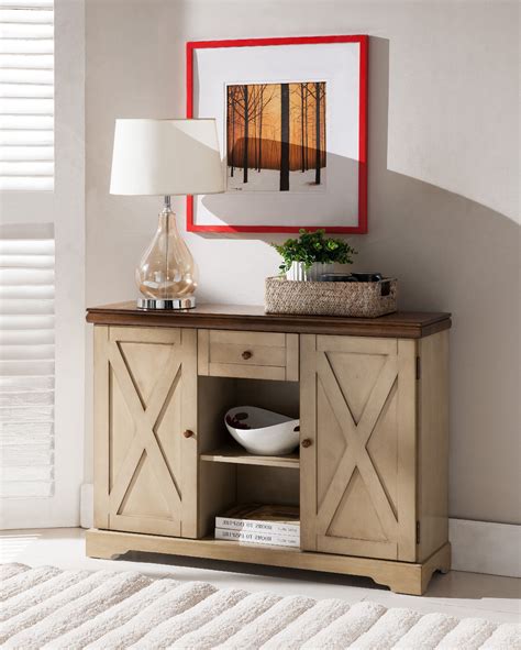 Antique White And Walnut Wood Contemporary Sideboard Buffet Console Table With Storage Drawer