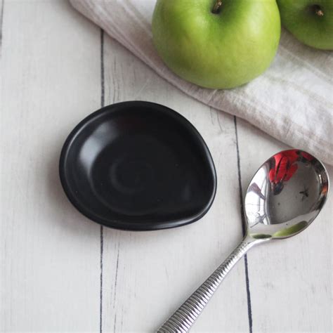 Andover Pottery — Small Spoon Rest Satin Black Ceramic Spoon Holder