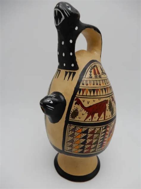 Vintage Cusco Peru Art Pottery Chicha Jug Pitcher Painted Jaguar Llamas