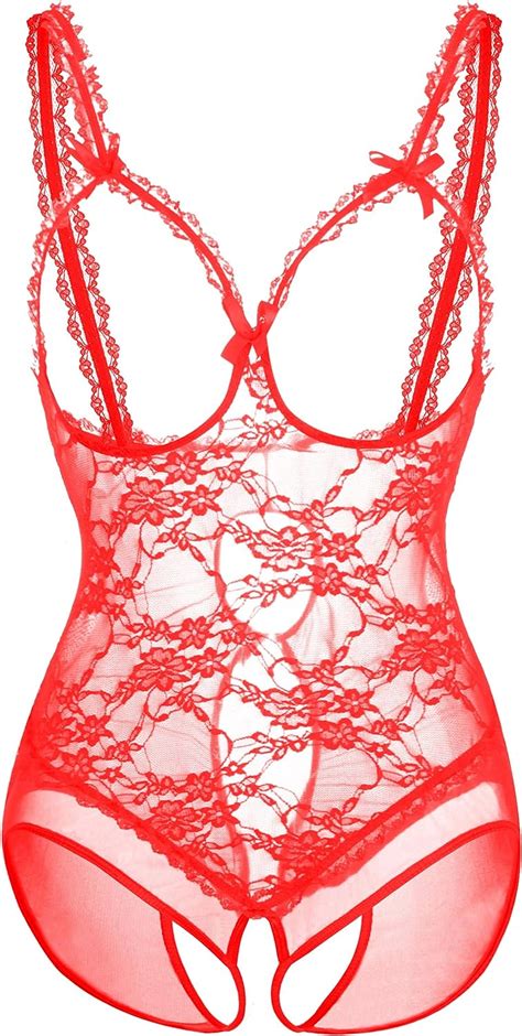 Eternatastic Women One Piece Cupless Crotchless Lingerie Bodysuit Lace Underwear Set Red Amazon