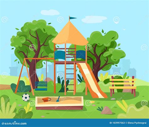Kids Playground In City Park Swings Sandbox Slide Tree And Bench